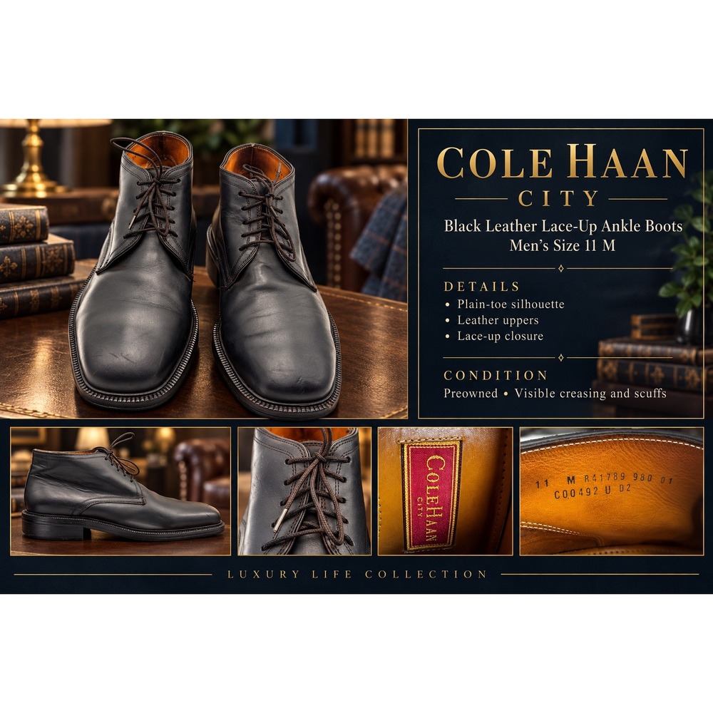 Cole Haan City Mens Black Leather Square Toe Chukka Boots C00492 Size 11 M